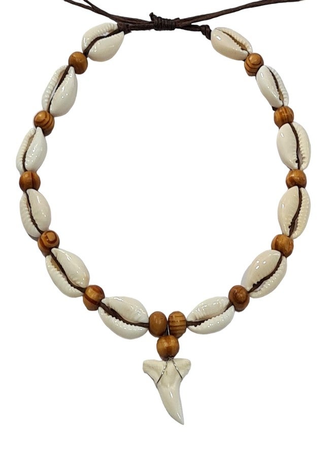 Swimmi Genuine Mako Shark Tooth Anklet, Handmade Wooden Beads Cowrie Shell Anklet for Women Seashell Jewelry EA390-AK - Image 1