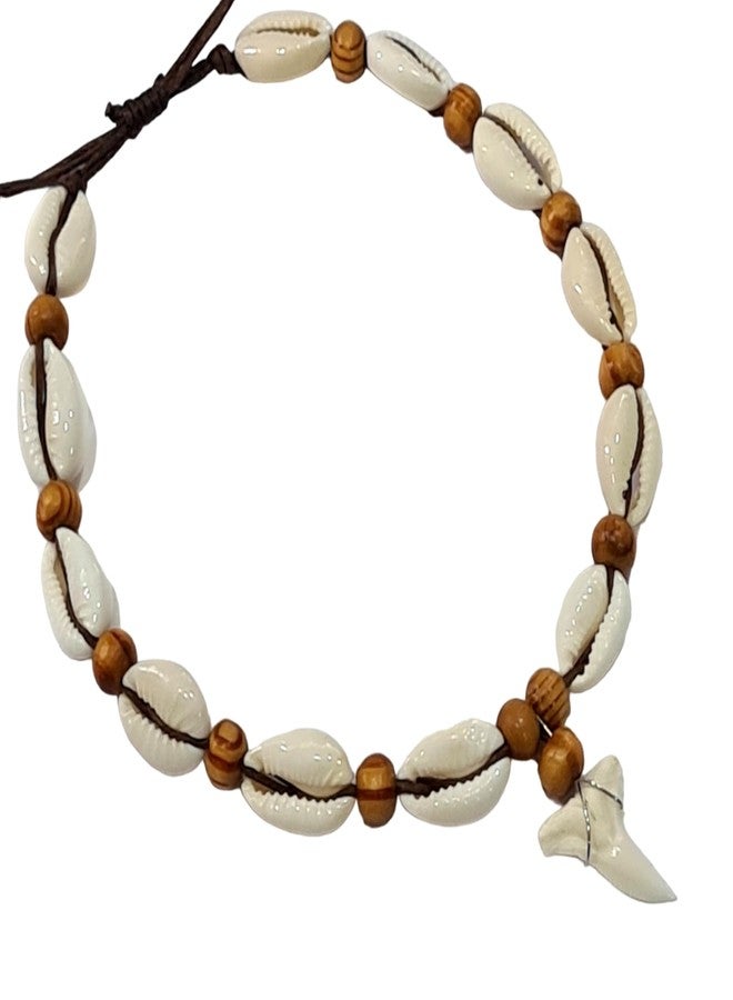 Swimmi Genuine Mako Shark Tooth Anklet, Handmade Wooden Beads Cowrie Shell Anklet for Women Seashell Jewelry EA390-AK - Image 5