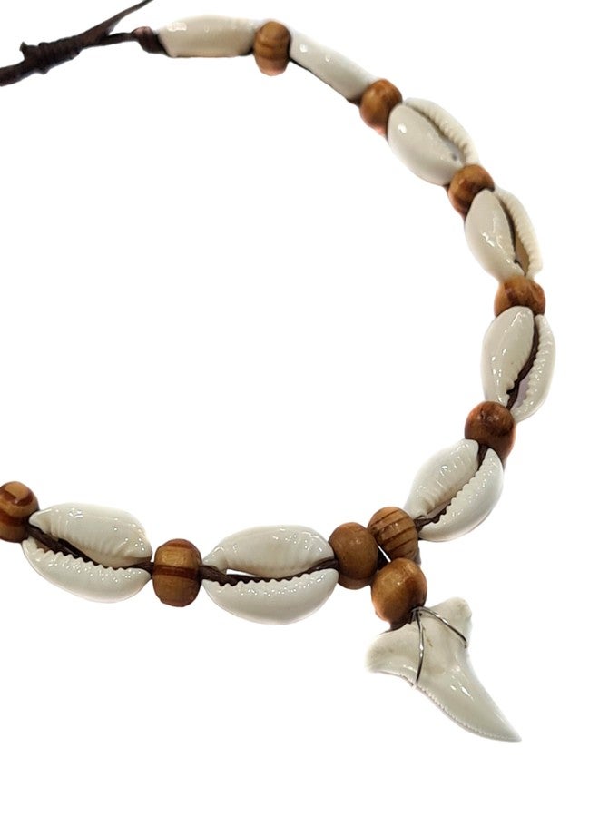 Swimmi Genuine Mako Shark Tooth Anklet, Handmade Wooden Beads Cowrie Shell Anklet for Women Seashell Jewelry EA390-AK - Image 3