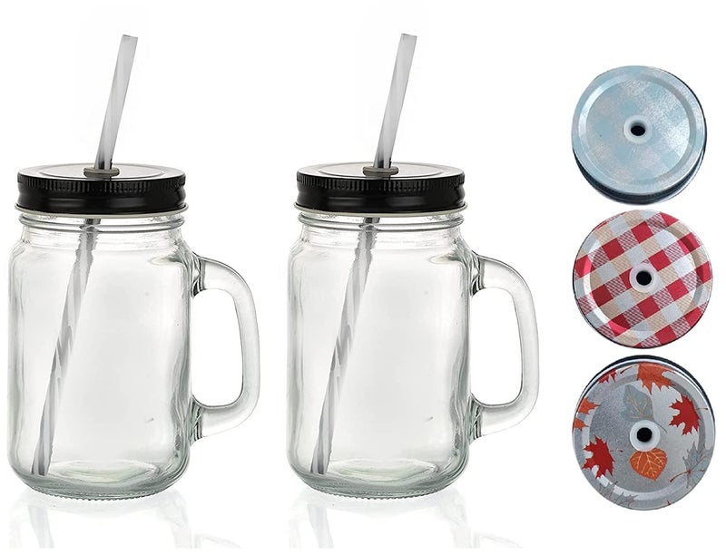 IndusBay Pack of 2 Glass Mason Sipper Jar with Straw Print Lid Glass Sipper with Silicone Straw Drinking Cup for Kids Boys Girls for Milk Juice Cold Coffee 490 ML Clear - Image 1