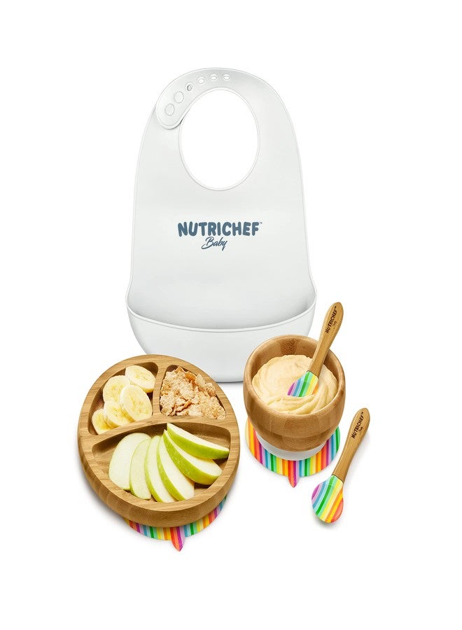 Nutrichef Baby and Toddler, 3 compartment plate, bowl, and spoon feeding set- silicon suction, Non-toxic all natural Bamboo baby food plate with silicon bib - Image 2