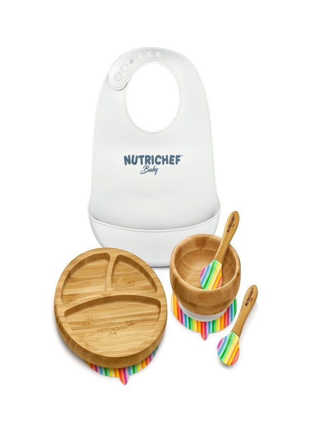 Nutrichef Baby and Toddler, 3 compartment plate, bowl, and spoon feeding set- silicon suction, Non-toxic all natural Bamboo baby food plate with silicon bib - Image 1