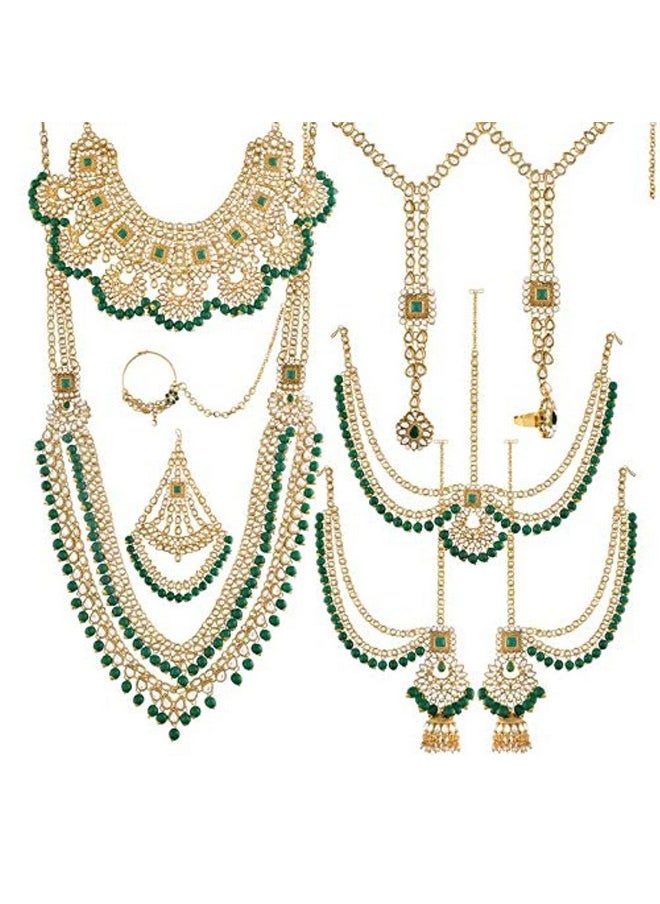 I Jewels I Jewels 18K Gold Plated Traditional Handcrafted Faux Kundan & Emerald Stone Studded Bridal Jewellery Set For Women (BLP026G)  - Image 1