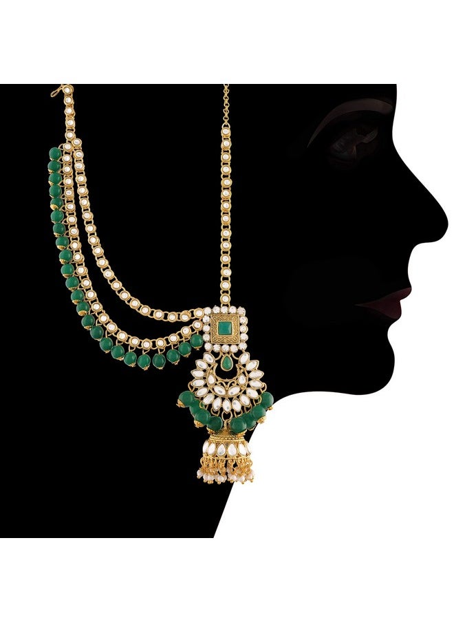 I Jewels I Jewels 18K Gold Plated Traditional Handcrafted Faux Kundan & Emerald Stone Studded Bridal Jewellery Set For Women (BLP026G)  - Image 5