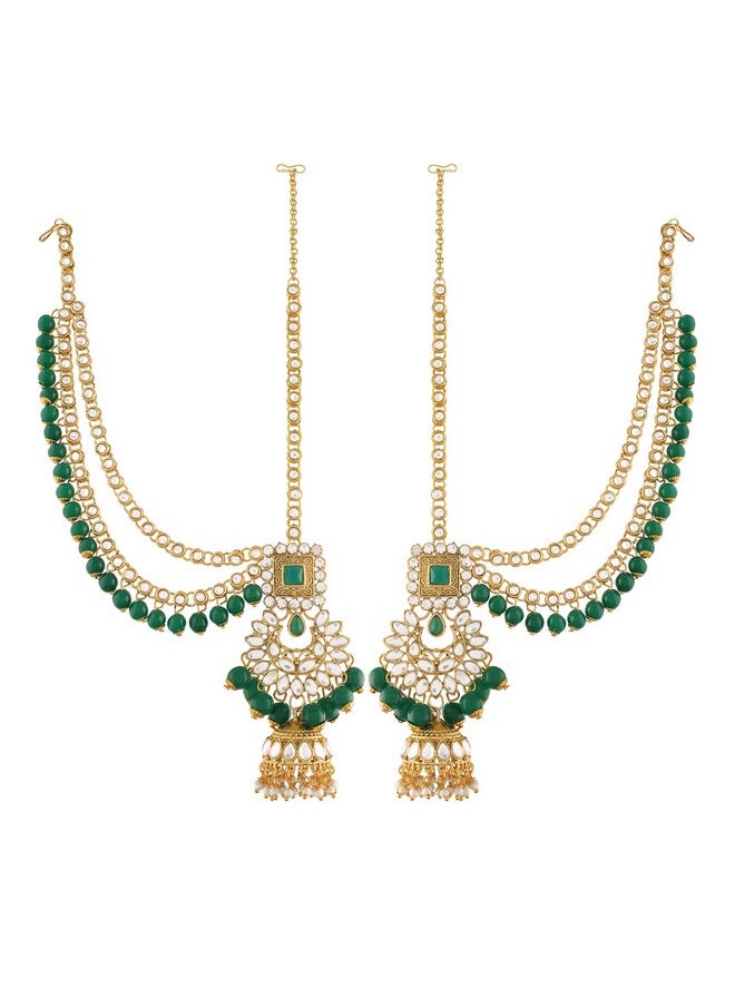 I Jewels I Jewels 18K Gold Plated Traditional Handcrafted Faux Kundan & Emerald Stone Studded Bridal Jewellery Set For Women (BLP026G)  - Image 4