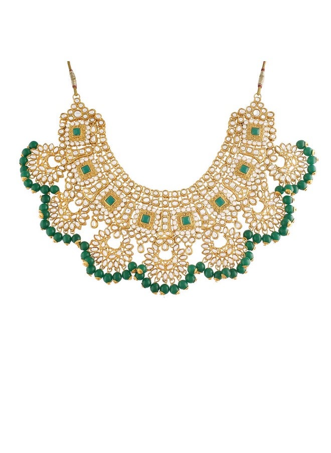 I Jewels I Jewels 18K Gold Plated Traditional Handcrafted Faux Kundan & Emerald Stone Studded Bridal Jewellery Set For Women (BLP026G)  - Image 2
