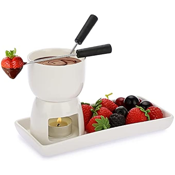 ريحني مجموعة فوندو فوندو صغيرة بنكهة الشوكولاتة والجبن، مجموعة فوندو شاي أبيض بحجم 150 مل مع شوكتين وطبق مستطيل واحد لزبدة الآيس كريم - Image 1