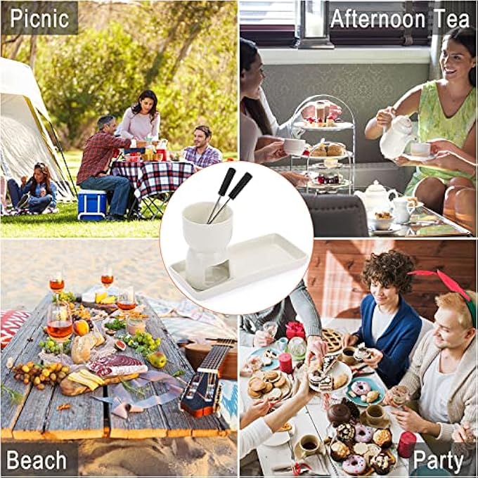 ريحني مجموعة فوندو فوندو صغيرة بنكهة الشوكولاتة والجبن، مجموعة فوندو شاي أبيض بحجم 150 مل مع شوكتين وطبق مستطيل واحد لزبدة الآيس كريم - Image 5