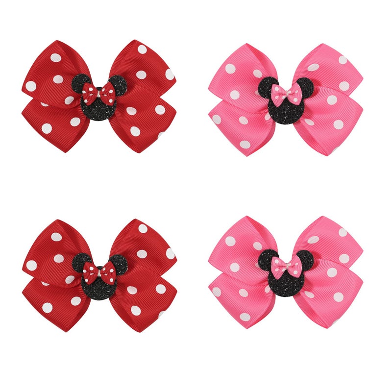 Ayesha Mouse Ears Hair Clips, 4PCS Grosgrain Ribbon Mouse Bow Hair Clips, Polka Dot Bows for Girls, Hair Accessories for Baby Girls, Toddler Kids, Costume Party, Daily Use - Image 1