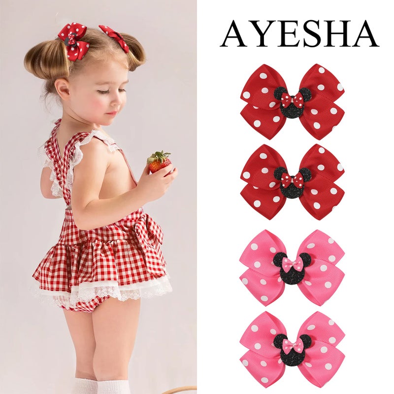 Ayesha Mouse Ears Hair Clips, 4PCS Grosgrain Ribbon Mouse Bow Hair Clips, Polka Dot Bows for Girls, Hair Accessories for Baby Girls, Toddler Kids, Costume Party, Daily Use - Image 3