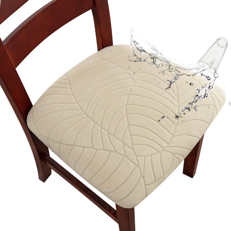 Genina Waterproof Seat Covers for Dining Room Chairs Stretch Chair Covers Removable Washable Dinning Room Kitchen Chair Seat Cushion Slipcovers LeavesBeige 6 PCS