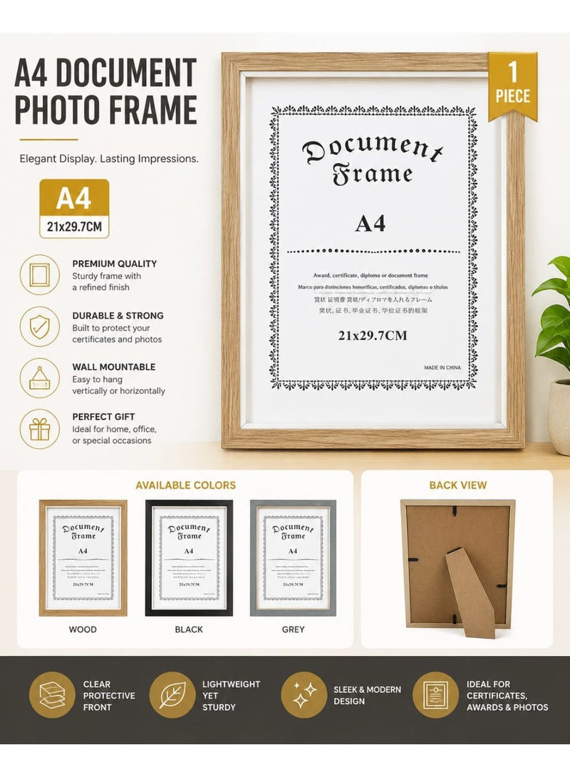 A4 Document & Photo Frame (21 × 29.7 cm) – Premium Wall Mount Certificate Frame with Clear Protective Front, Wooden Finish | 1 Piece
