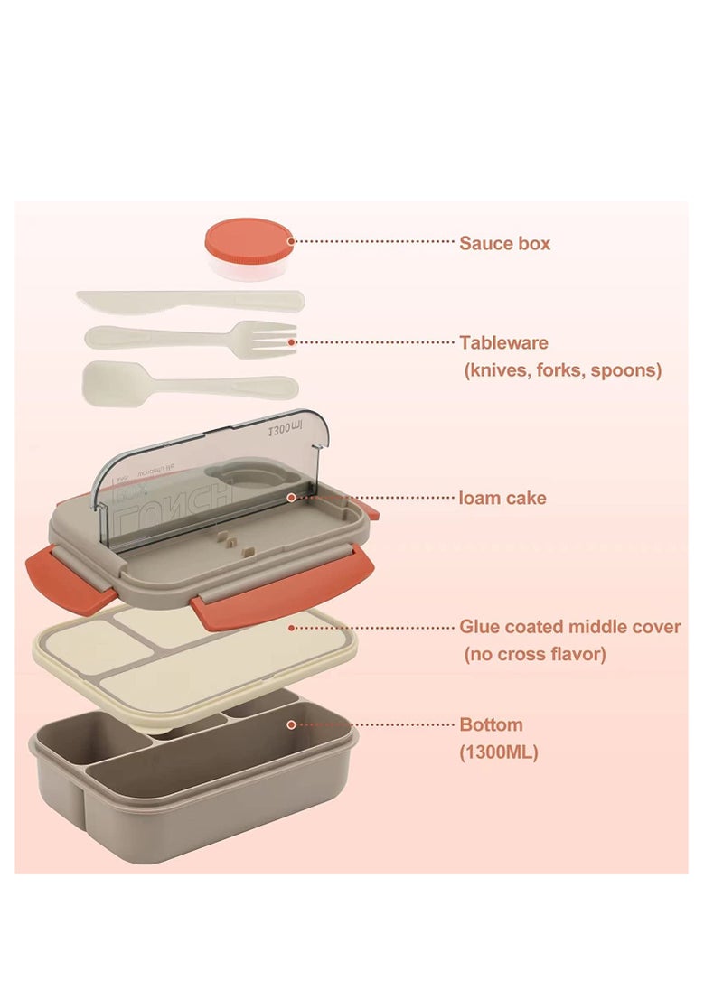 SYOSI - Bento Box Lunch Boxes Stackable Bento Lunch Box for Adults Leak-Proof Lunch Container with Compartments 4-in-1 Lunchbox with Sauce Pot Cutlery Set Microwave Dishwasher Safe Available 1300ML  (Beige) - Image 1