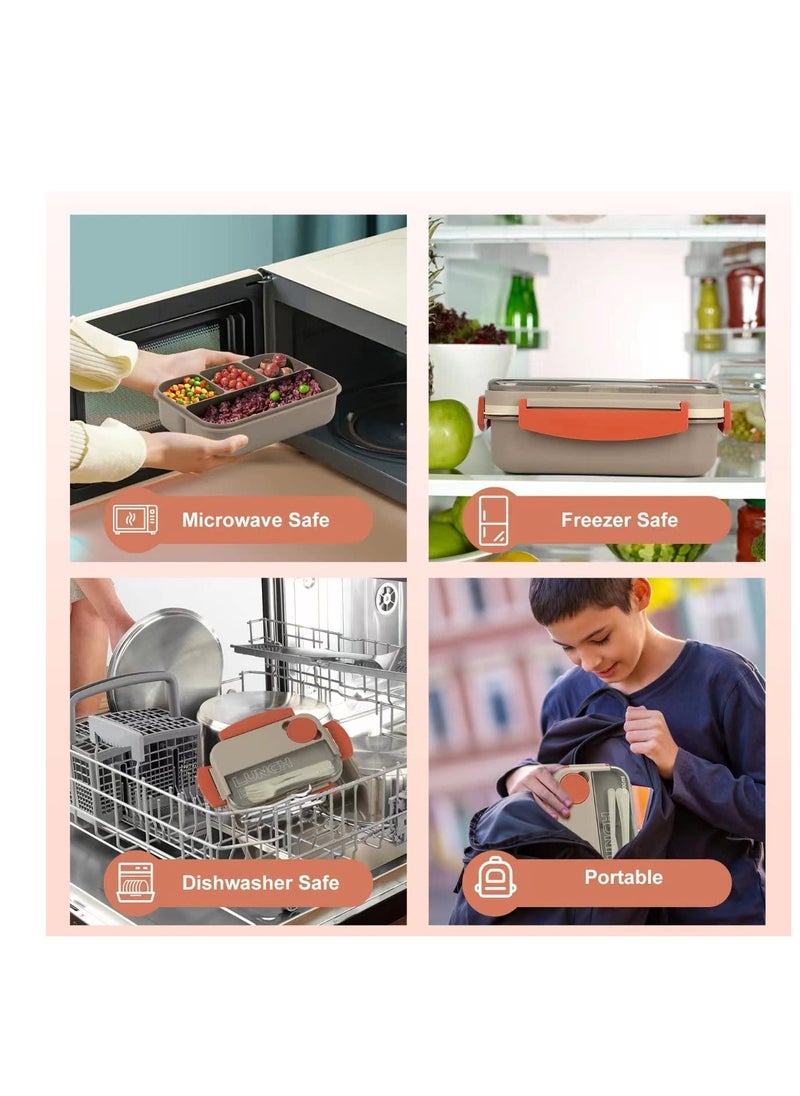 SYOSI - Bento Box Lunch Boxes Stackable Bento Lunch Box for Adults Leak-Proof Lunch Container with Compartments 4-in-1 Lunchbox with Sauce Pot Cutlery Set Microwave Dishwasher Safe Available 1300ML  (Beige) - Image 1