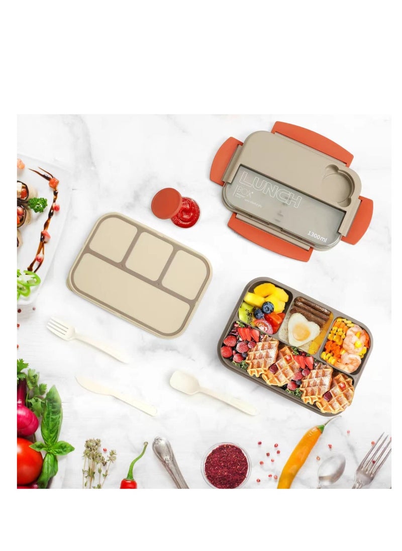 SYOSI - Bento Box Lunch Boxes Stackable Bento Lunch Box for Adults Leak-Proof Lunch Container with Compartments 4-in-1 Lunchbox with Sauce Pot Cutlery Set Microwave Dishwasher Safe Available 1300ML  (Beige) - Image 1