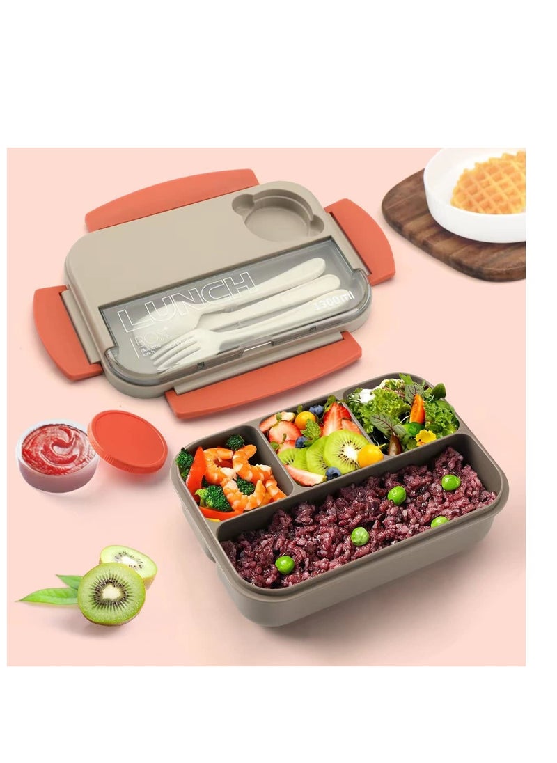 SYOSI - Bento Box Lunch Boxes Stackable Bento Lunch Box for Adults Leak-Proof Lunch Container with Compartments 4-in-1 Lunchbox with Sauce Pot Cutlery Set Microwave Dishwasher Safe Available 1300ML  (Beige) - Image 1