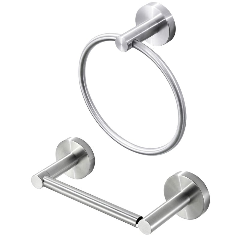 FAIRGIA Brushed Nickel Toilet Paper Holder Towel Ring Hand Towel Holder and Toilet Roll Holder Double Post Pivoting Bathroom Accessories Wall Mounted Bathroom Hardware Set Stainless Steel 2 Pieces