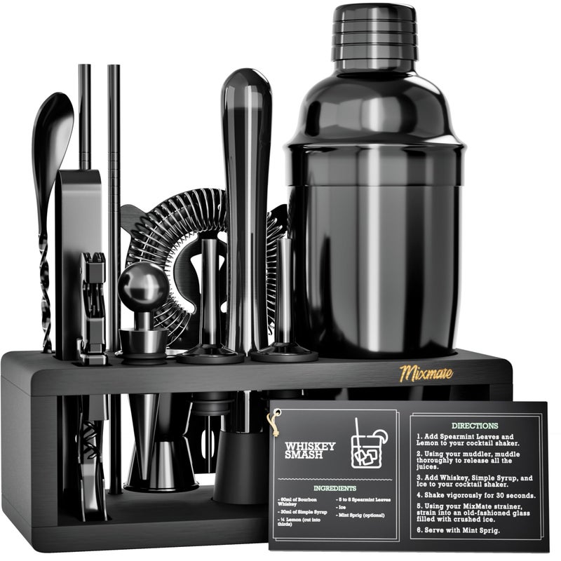Black Stainless Steel Cocktail Shaker Set with Wood Stand 15 Piece Bartender Kit with Drink Shaker Bar Spoon Jigger Muddler Strainer Bottle Opener Stopper Pour Spout Stirrers Tongs Recipes