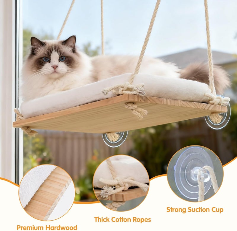 Anywish Cat Window Perch - Rustic Cat Hammock Bed with Solid Wood Seat - 4 Heavy - Duty Suction Cups, Plush Cushion - Indoor Window Perch Shelf for Cats - Image 4