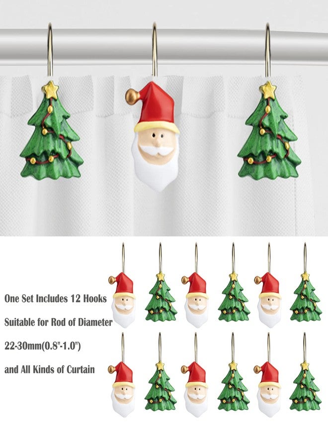HELORAY Christmas Shower Curtain Hooks Rust Proof Shower Curtain Rings Metal Decorative Bath Curtain Hooks Shower Curtain Rod Rings for Bathroom Rust Resistant Set of 12: 6 Santa Claus & 6 Christmas Tree - Image 2