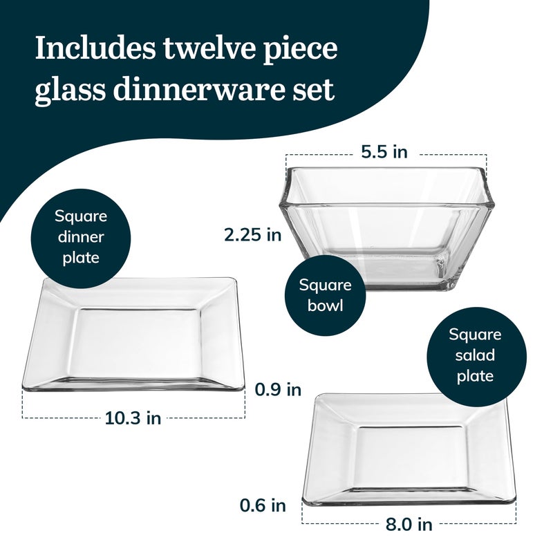Libbey Tempo Glass Dinnerware Set, Sleek Square Clear Glass Plates and Bowls Set of 12, Dishwasher Safe Dinnerware for Parties or Everyday Use - Image 3