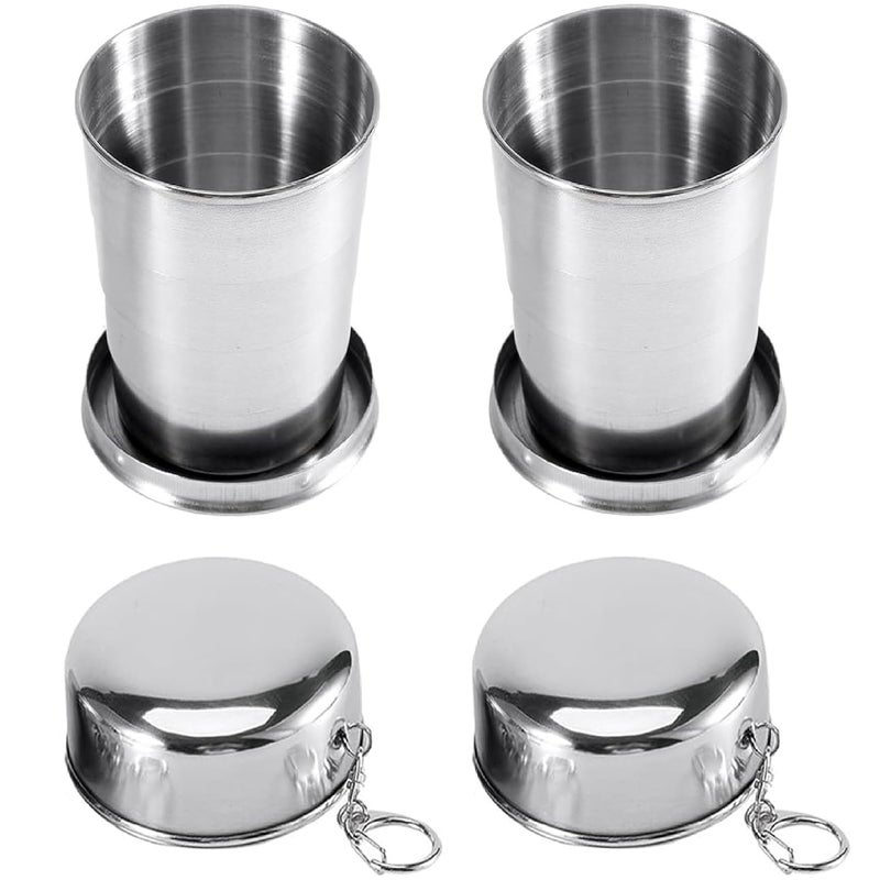MADHYA كوب قابل للطي من الفولاذ المقاوم للصدأ، كوب شرب صغير محمول للتخييم مع غطاء وسلسلة مفاتيح للسفر الخارجي، حجم جيب قابل لإعادة الاستخدام وقابل للطي بسعة 120 مل، عبوة من 2 - Image 1