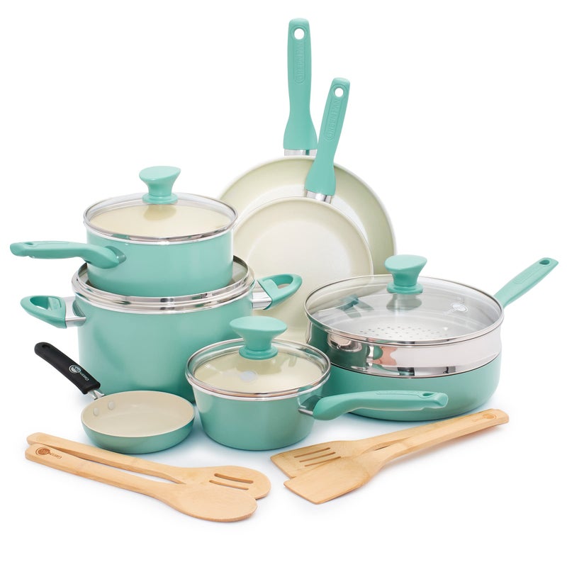 GreenPan Rio Healthy Ceramic Nonstick 16 Piece Cookware Pots and Pans Set, PFAS-Free, Dishwasher Safe, Turquoise - Image 1