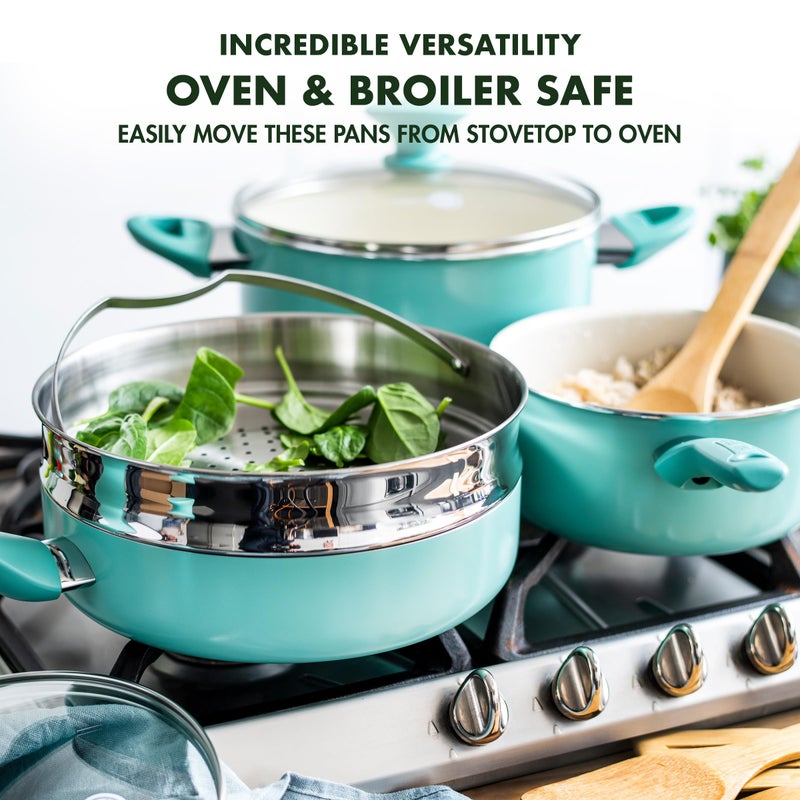 GreenPan Rio Healthy Ceramic Nonstick 16 Piece Cookware Pots and Pans Set, PFAS-Free, Dishwasher Safe, Turquoise - Image 3