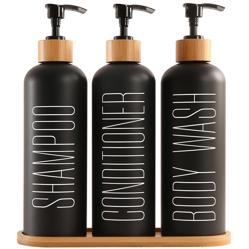 Prus Waso Shampoo and Conditioner Dispenser, Contains Shampoo Conditioner Body Wash Dispenser. Shower Dispenser with Bamboo Pumps & Tray, Perfect for Bathroom Essentials for New Home. (Black) - Image 1