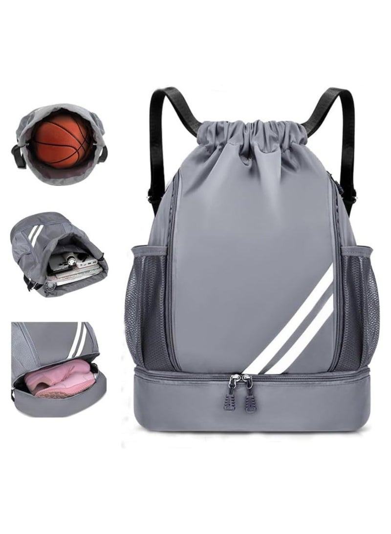 CMGTYYD Drawstring Backpack, Multi-Functional Waterproof Drawstring Soccer Backpack, Large Capacity with Separate Shoe Compartment for Men Women Sports, Fitness, Swimming, Camping(Silver Gray) - Image 1