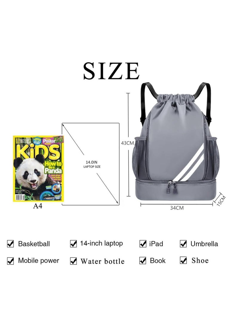 CMGTYYD Drawstring Backpack, Multi-Functional Waterproof Drawstring Soccer Backpack, Large Capacity with Separate Shoe Compartment for Men Women Sports, Fitness, Swimming, Camping(Silver Gray) - Image 2
