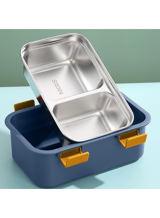 AKDC Two Compartment Lunch Box with Cutlery 850ml, SUS304 Stainless Steel Interior, Navy Blue/Yellow - Image 4