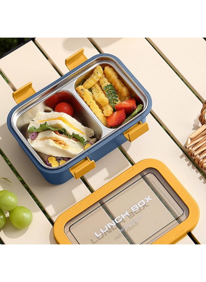 AKDC Two Compartment Lunch Box with Cutlery 850ml, SUS304 Stainless Steel Interior, Navy Blue/Yellow - Image 2