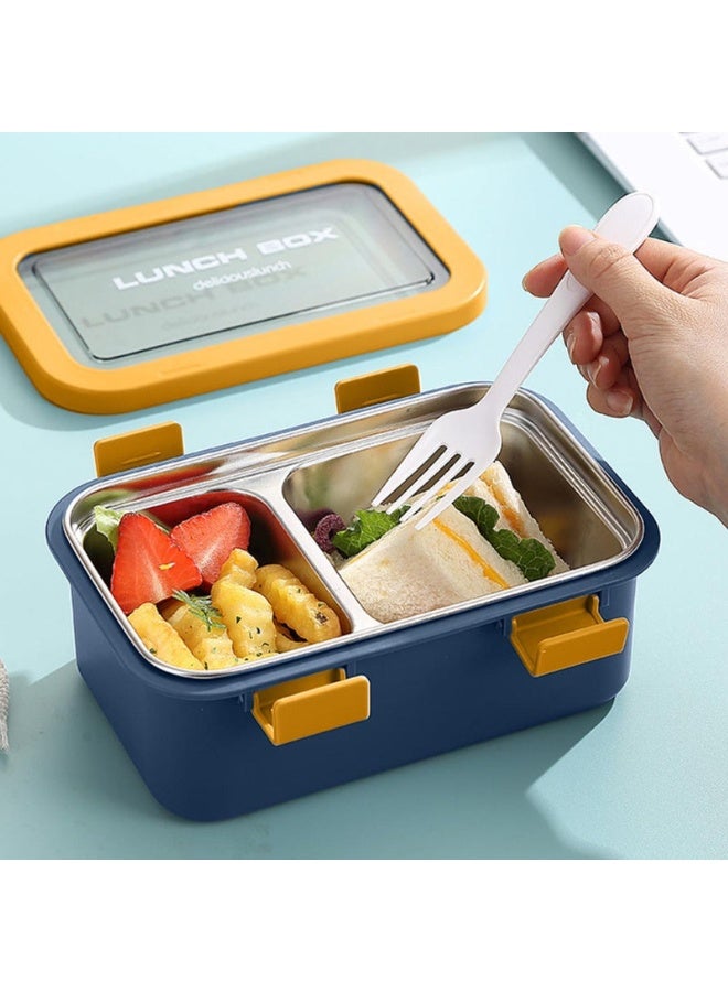 AKDC Two Compartment Lunch Box with Cutlery 850ml, SUS304 Stainless Steel Interior, Navy Blue/Yellow - Image 3