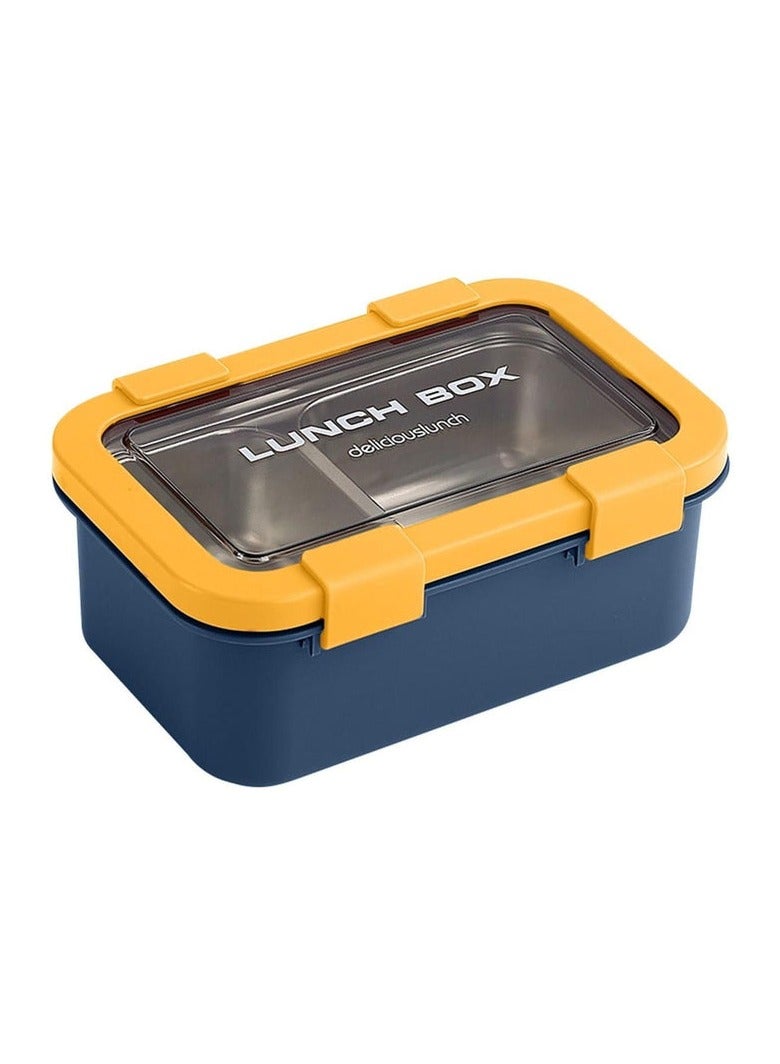 AKDC Two Compartment Lunch Box with Cutlery 850ml, SUS304 Stainless Steel Interior, Navy Blue/Yellow - Image 1