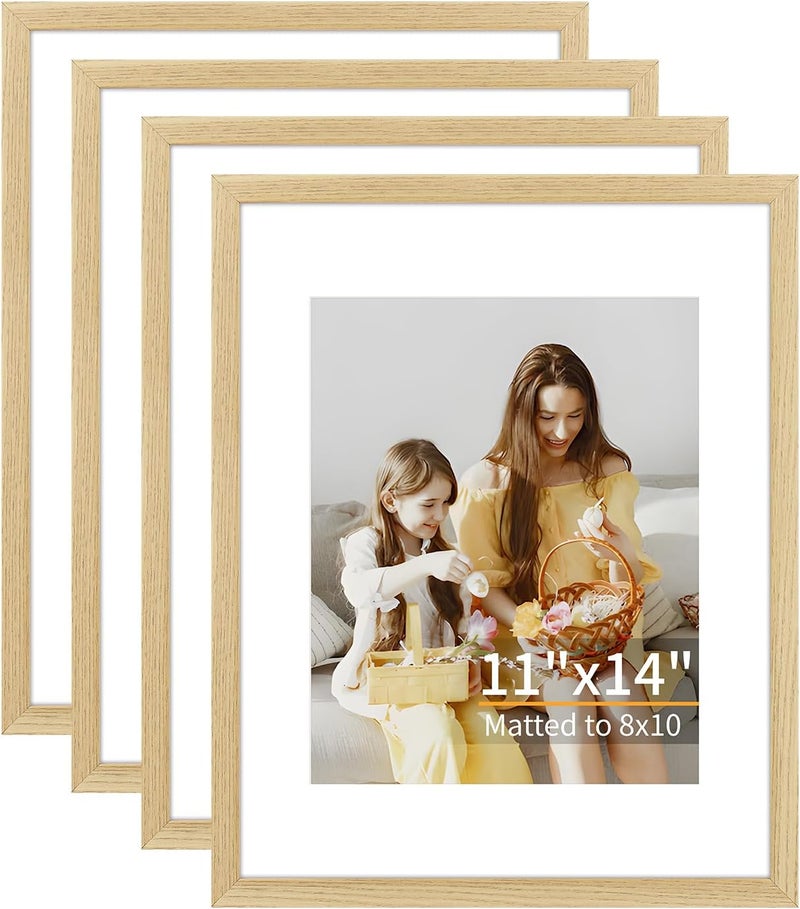 ATOBART مجموعة أطارات صور من مقاس 11x14، تتكون من 4 أطارات، متوفرة مع وسادة أو بدون وسادة، مناسبة لتزيين الحائط أو الطاولة، تشمل زجاج بلوري عالي الوضوح ونقش خشبي طبيعي. - Image 1