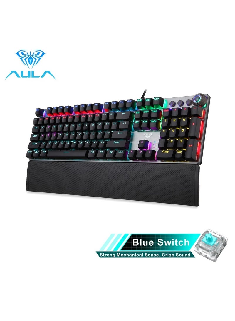 AULA F2088 Classic Mechanical Keyboard with Black Blue Switches,White Light LED Backlit Gaming Keyboard,Removable Wrist Rest,USB Wired Computer Keyboard for PC,Laptop - Image 1