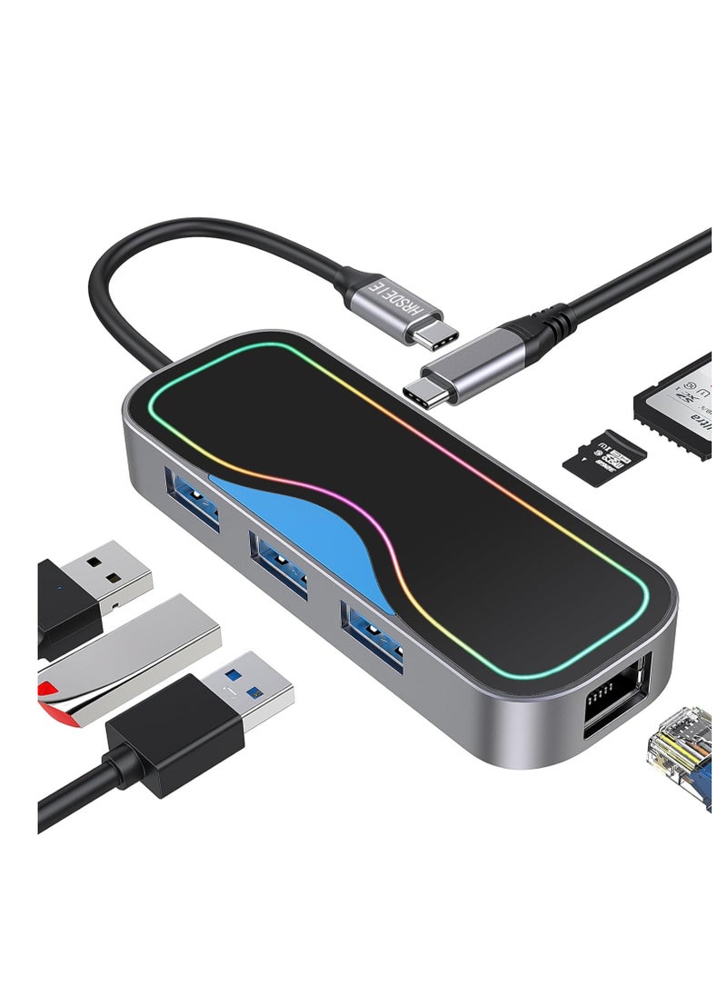 Excefore - USB C Hub, 7 in 1 USB-C Hub Multiport Adapter with Gigabit Ethernet, 100W PD Charging, 3 USB 3.0 Ports, SD/TF, 1Gbps Ethernet to USB C, USB C Dock for Laptop,MacBook M1/M2, iPad, iMac, XPS, Surface, H - Image 1