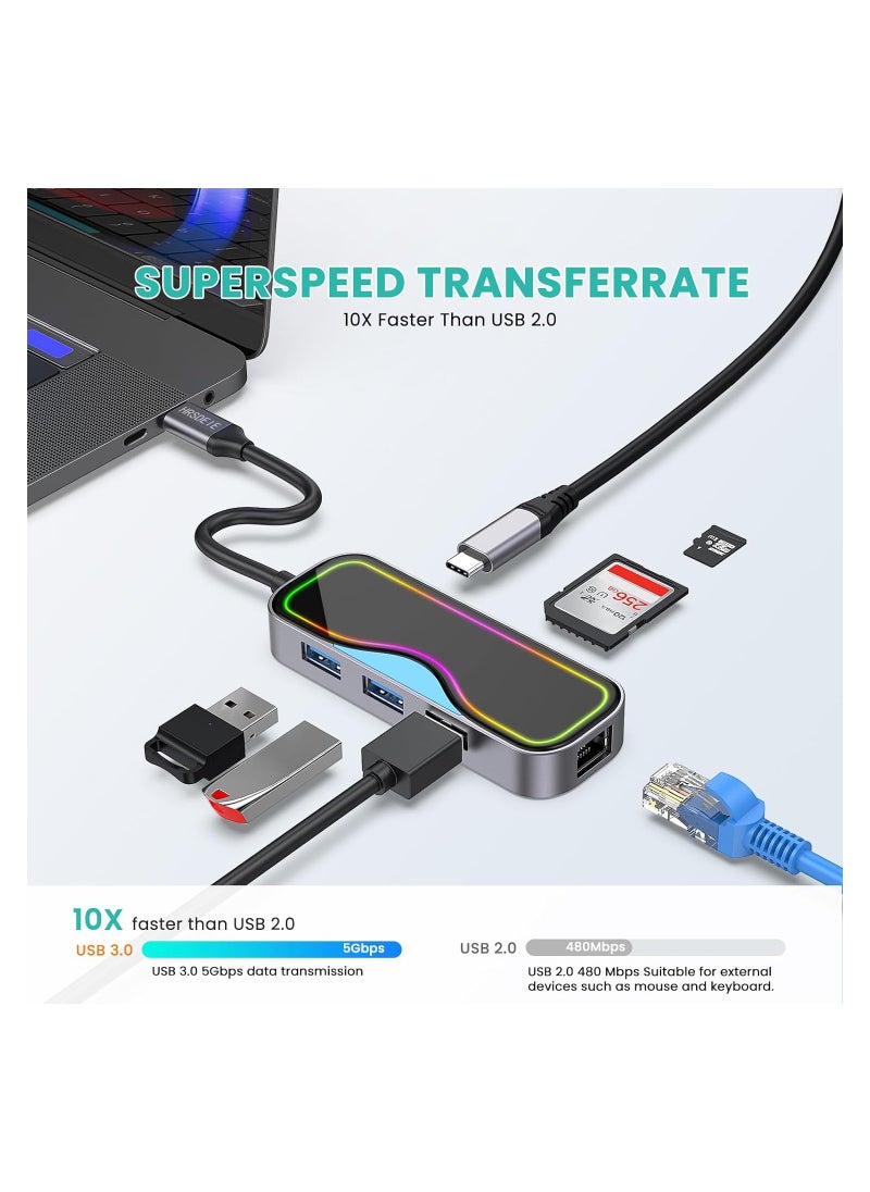 Excefore - USB C Hub, 7 in 1 USB-C Hub Multiport Adapter with Gigabit Ethernet, 100W PD Charging, 3 USB 3.0 Ports, SD/TF, 1Gbps Ethernet to USB C, USB C Dock for Laptop,MacBook M1/M2, iPad, iMac, XPS, Surface, H - Image 1