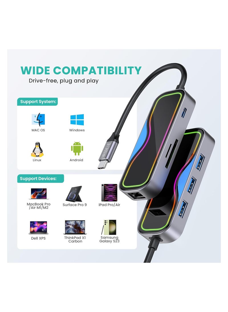Excefore - USB C Hub, 7 in 1 USB-C Hub Multiport Adapter with Gigabit Ethernet, 100W PD Charging, 3 USB 3.0 Ports, SD/TF, 1Gbps Ethernet to USB C, USB C Dock for Laptop,MacBook M1/M2, iPad, iMac, XPS, Surface, H - Image 1