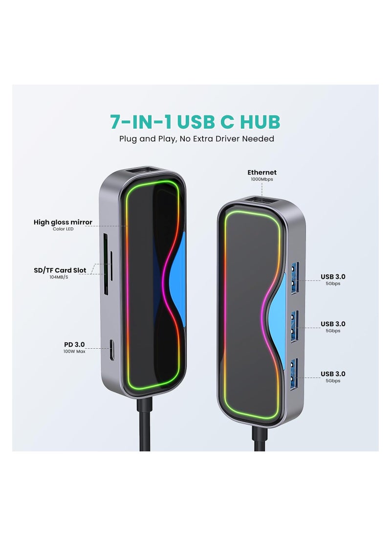 Excefore - USB C Hub, 7 in 1 USB-C Hub Multiport Adapter with Gigabit Ethernet, 100W PD Charging, 3 USB 3.0 Ports, SD/TF, 1Gbps Ethernet to USB C, USB C Dock for Laptop,MacBook M1/M2, iPad, iMac, XPS, Surface, H - Image 1