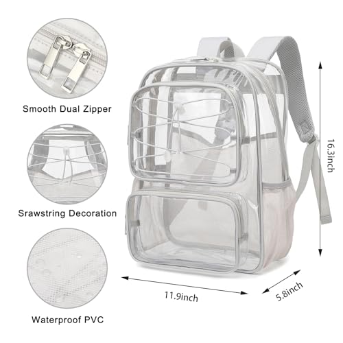 Yusudan Clear Backpack for Girls Women Heavy Duty Transparent School Backpacks See Through PVC Bookbag for College Work Security Travel Light Grey - Image 3