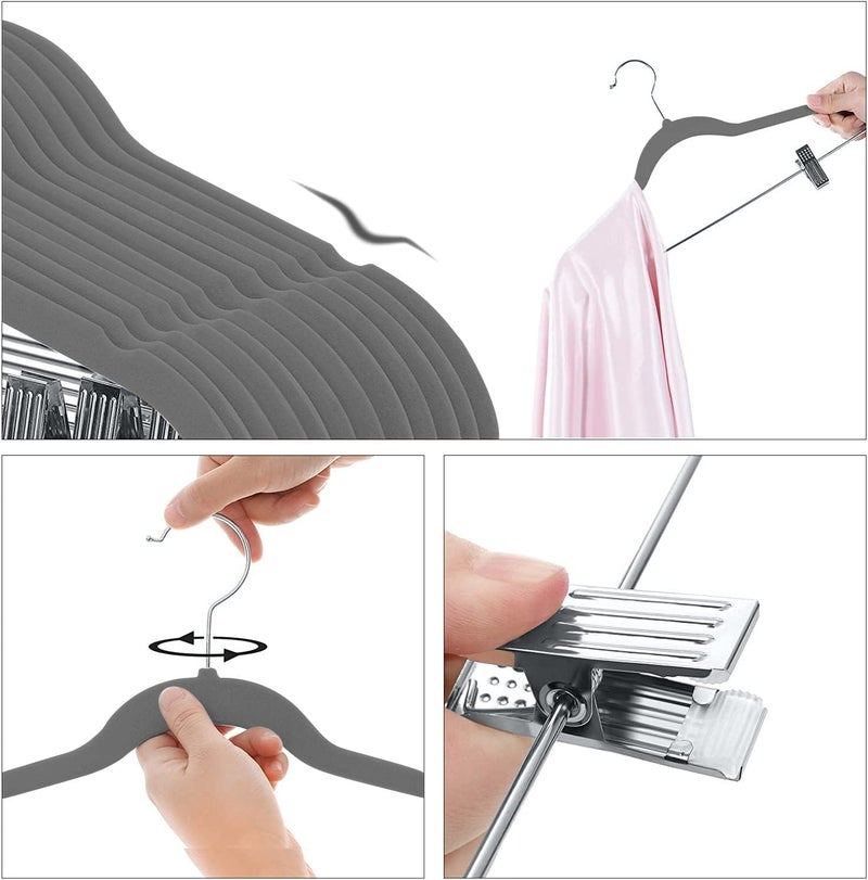 Red Dot Gift 20-Pack Grey Non-Slip Velvet Hangers with Clips - 360 Degree Rotatable Hook - Image 4