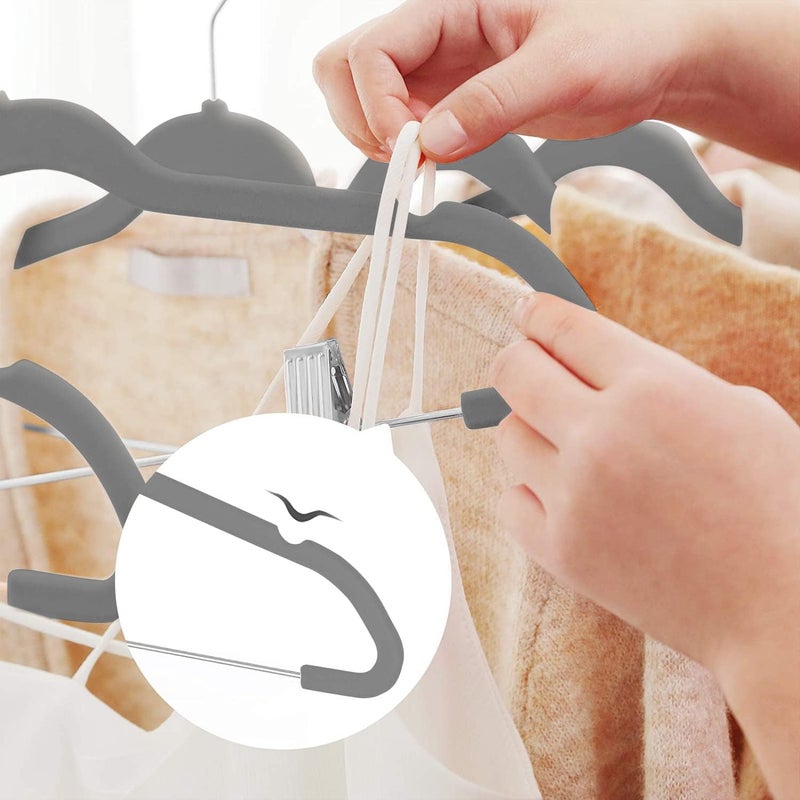 Red Dot Gift 20-Pack Grey Non-Slip Velvet Hangers with Clips - 360 Degree Rotatable Hook - Image 3