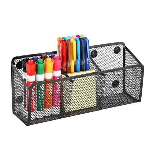 Ameceres Magnetic Pencil Holder - Extra Strong Magnets Mesh Marker Holder Perfect for Whiteboard, Refrigerator and Locker Accessories (3 Baskets, 1 Pack Black) - Image 1