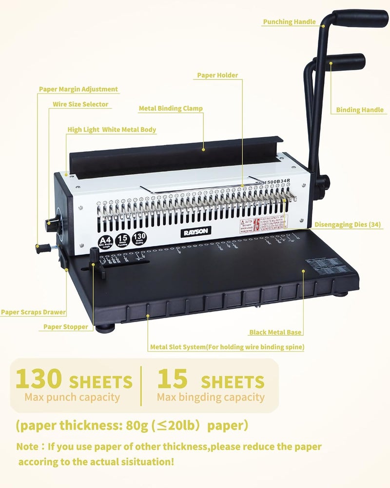 TD-1500B34R Wire Binding Machine, 3:1 Pitch, 130-Sheet Capacity | 34 Disengageable Dies, Punch 15 Sheets, Durable metal construction, Free binding supplies included, Easy to use - Image 2