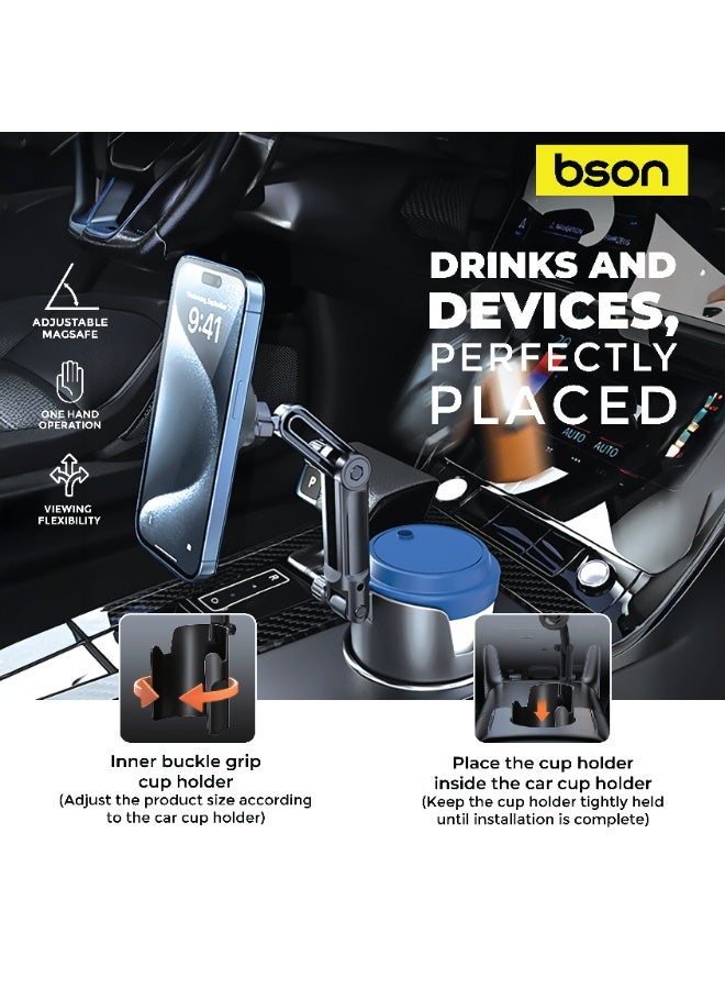BSON 2 in 1 Mag-Safe Phone Holder with Car Cup Mount, Adjustable Car Mount Stand, Strong Magnetic Grip, One Hand Operation, Rotatable Viewing Angle, Secure and Stable for Driving - Image 5
