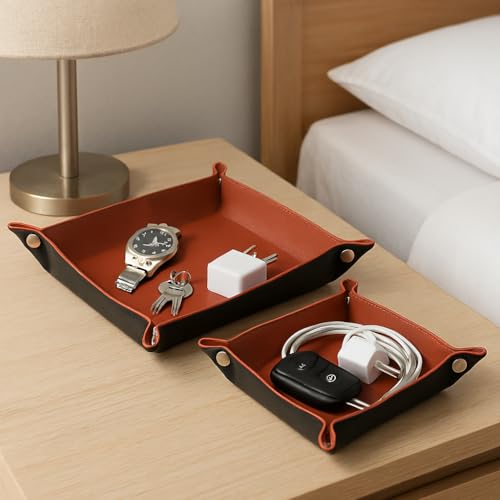 bloomax “BLOOMAX® Premium Leather Organizer Tray Combo (2 PCS) | Dual‑Tone Catchall Set – 20 × 20 cm & 15 × 15 cm | Foldable Snap‑Corner Gift Tray for Keys, Jewelry, Coins & Accessories - Image 2