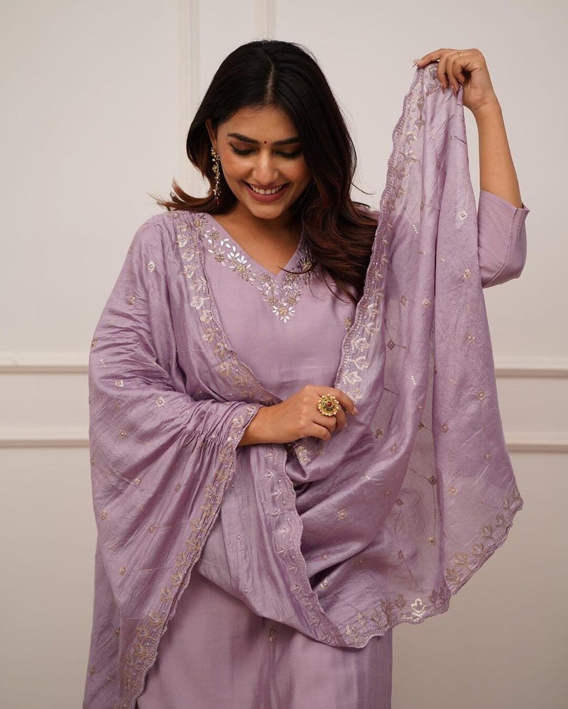 Shiv Textiles Women's Chanderi Silk Embroidered Kurta Pant Dupatta Set(JDA-ZARANA-Onion-M) - Image 4