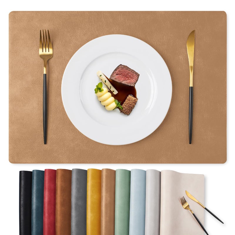 MOSAYT Vinyl Placemats Set of 6-12 X 17 Inch - Faux Leather 100% Waterproof Oil-Proof Wipeable PU Place Mats, Heat Resistant Reversible Table Mats for Kitchen, Dining, Outdoor (Camel) - Image 1
